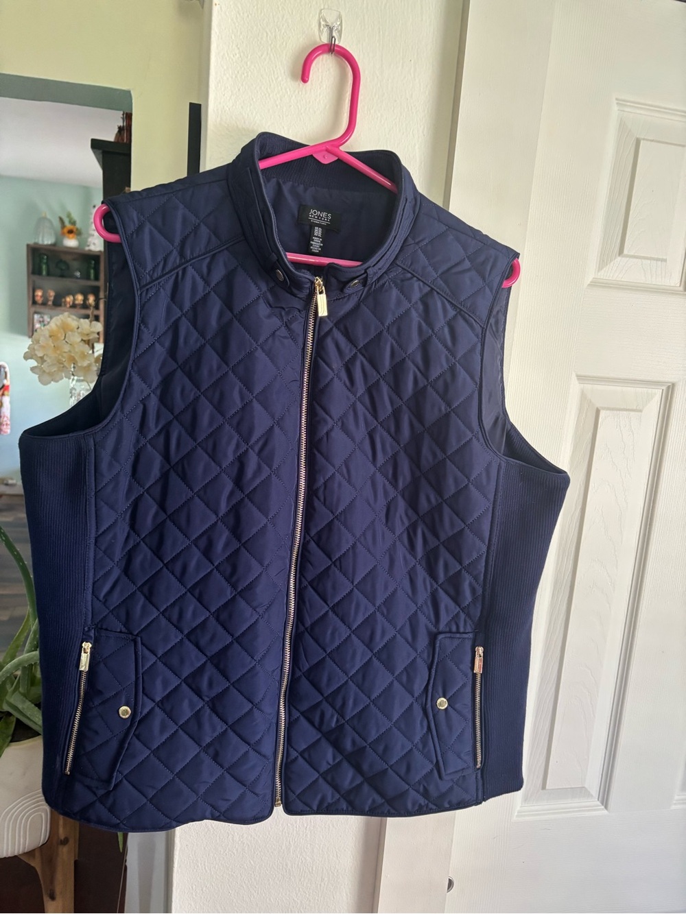 Jones New York Quilted Navy Vest with Gold Hardware